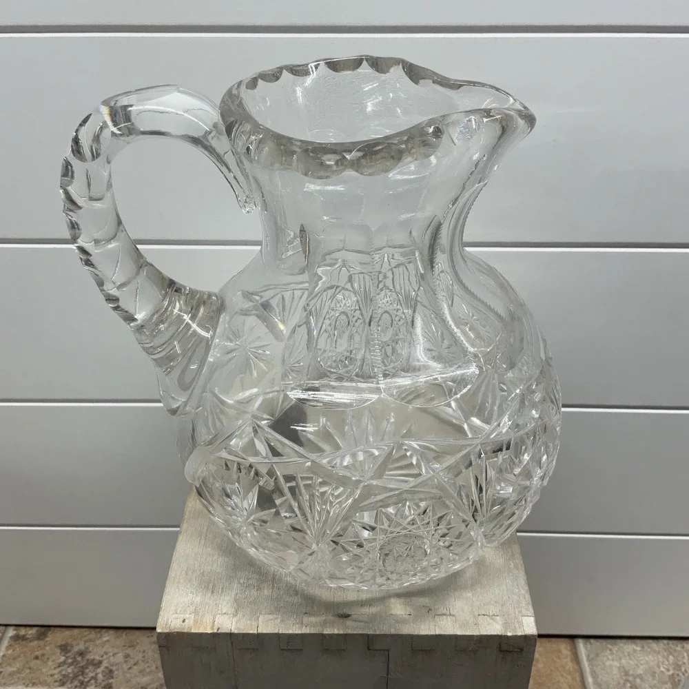Vintage American Brilliant Style Cut Glass Pitcher Starburst Diamond Clear 8in